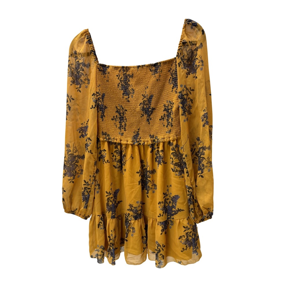 Wilfred Mustard Yellow Floral Smocked Mini Dress Square Neck Long Sleeve Small